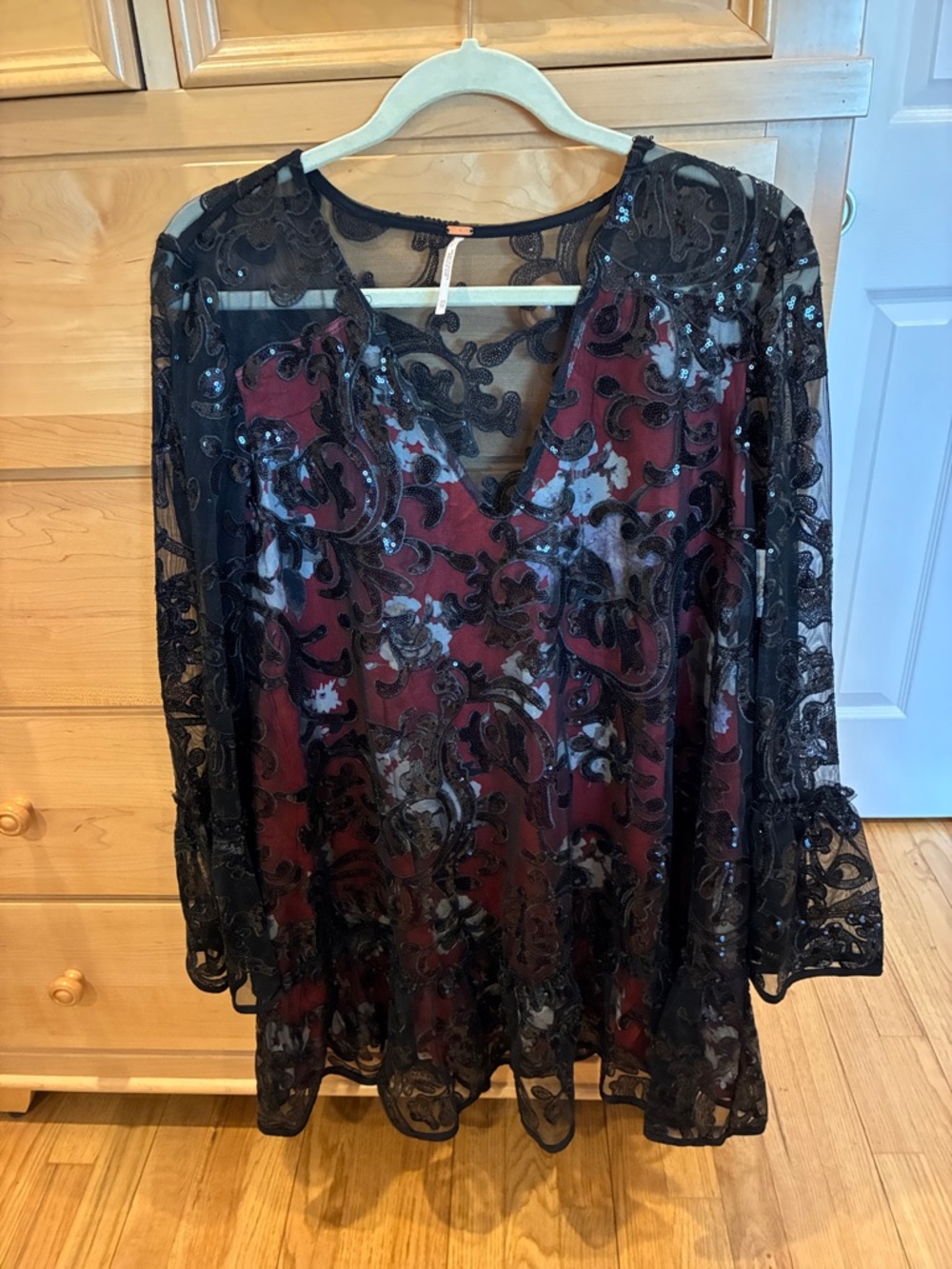 Free People Black Sequin Lace Overlay Tunic with Burgundy Lining